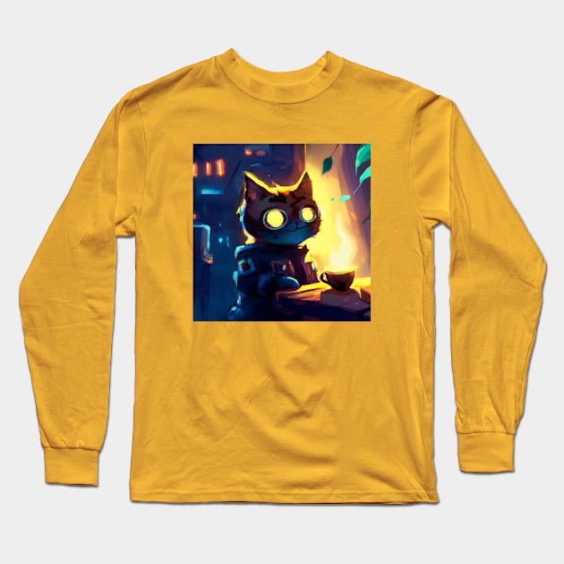 Futuristic Cat is Serving Some Coffee to a Customer Long Sleeve T-Shirt by Star Scrunch